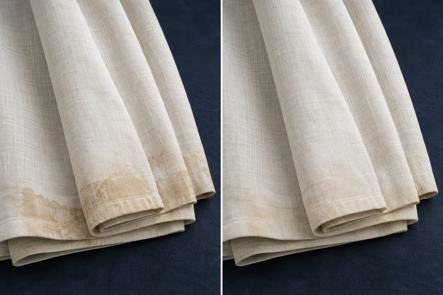 AI-generated comparison: water staining on cream linen drapery before cleaning at left and reduced staining at right; not an actual project result